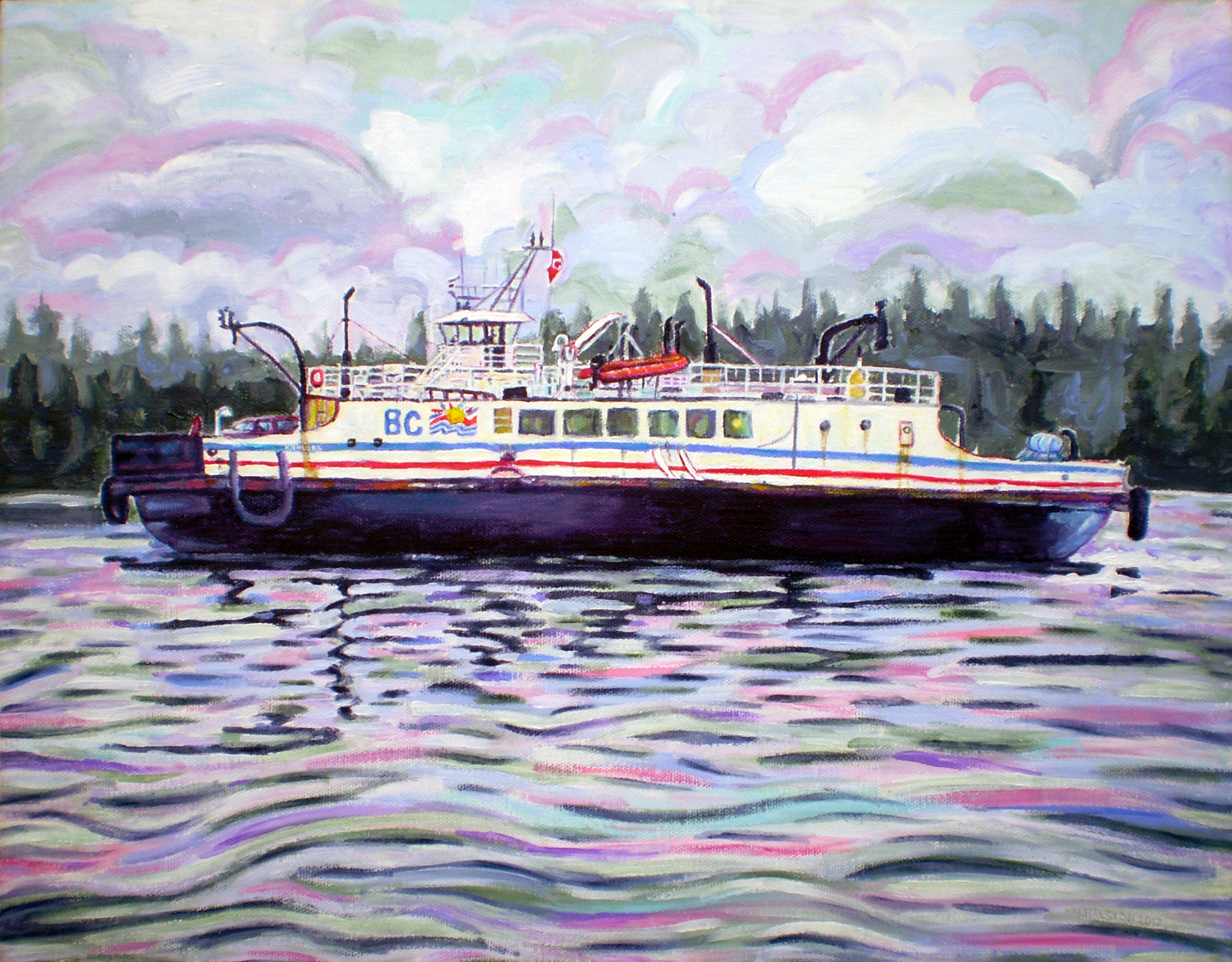 Original acrylic painting of the Hornby Island bc summer ferry, Kahloke by Morgan Ralston